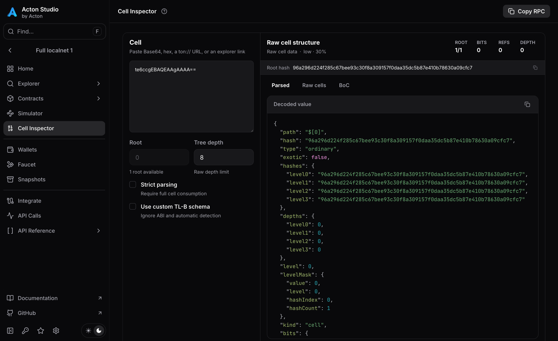 Cell inspector with decoded BoC data, cell statistics, and parsed output