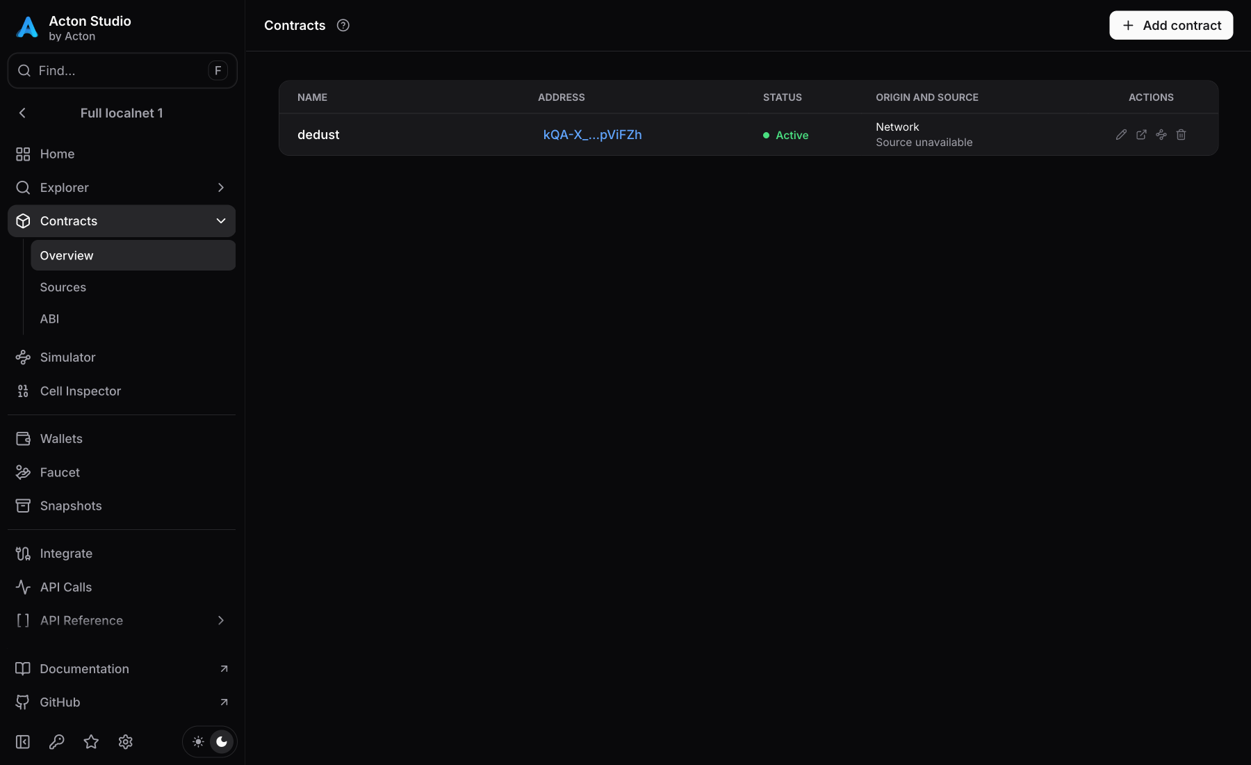 Contracts registry with a named active contract and source availability