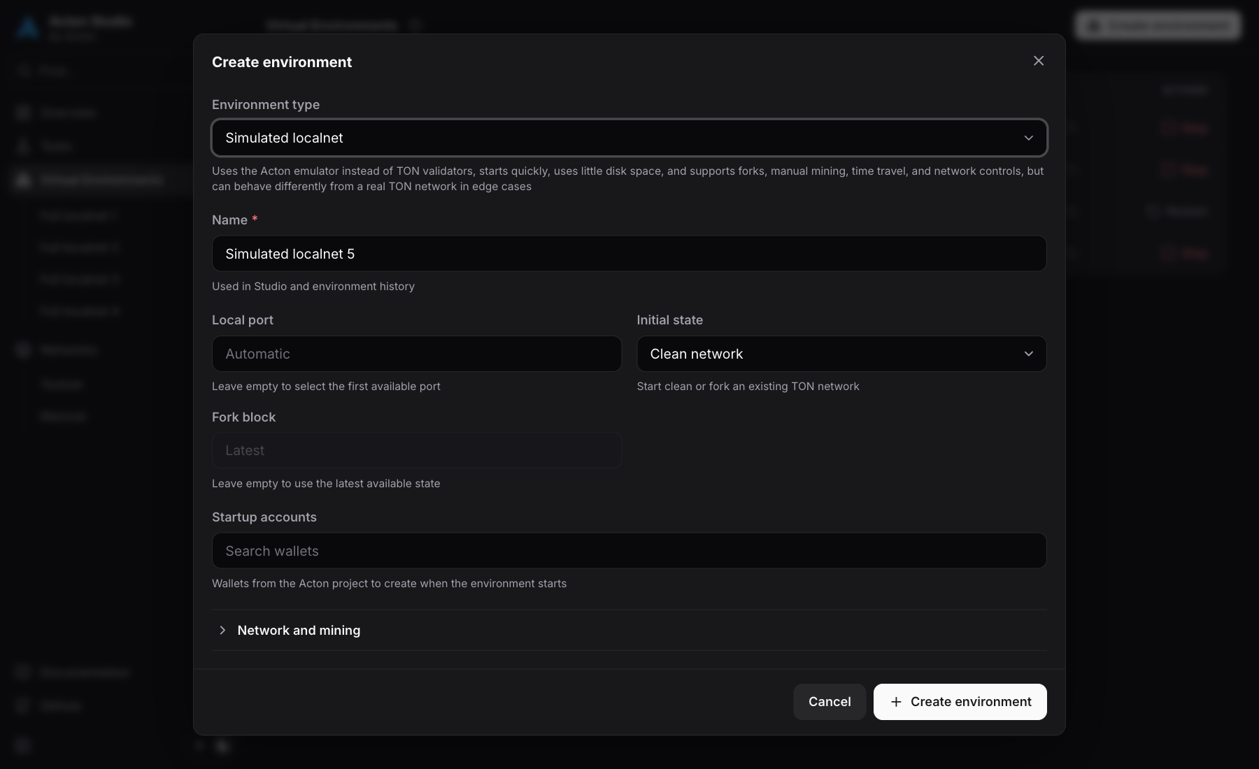 Studio environment creation and startup account selection