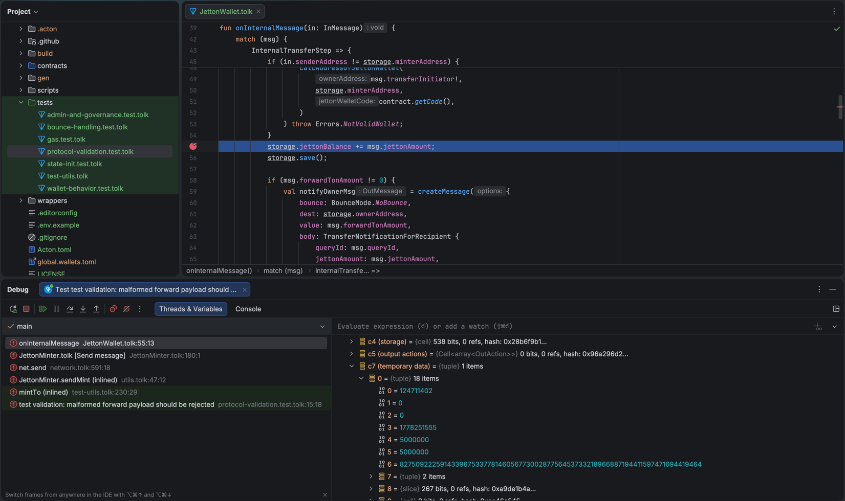 Debugger session with breakpoint, stack frames, and TVM registers