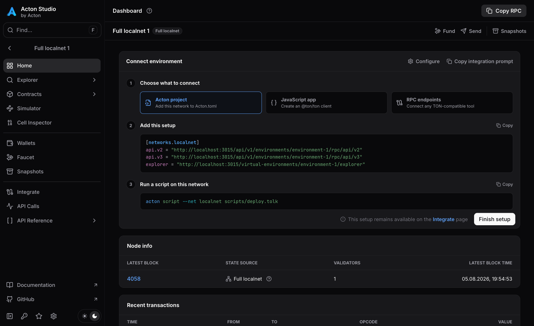 Studio connection examples for Acton projects, JavaScript applications, and RPC clients