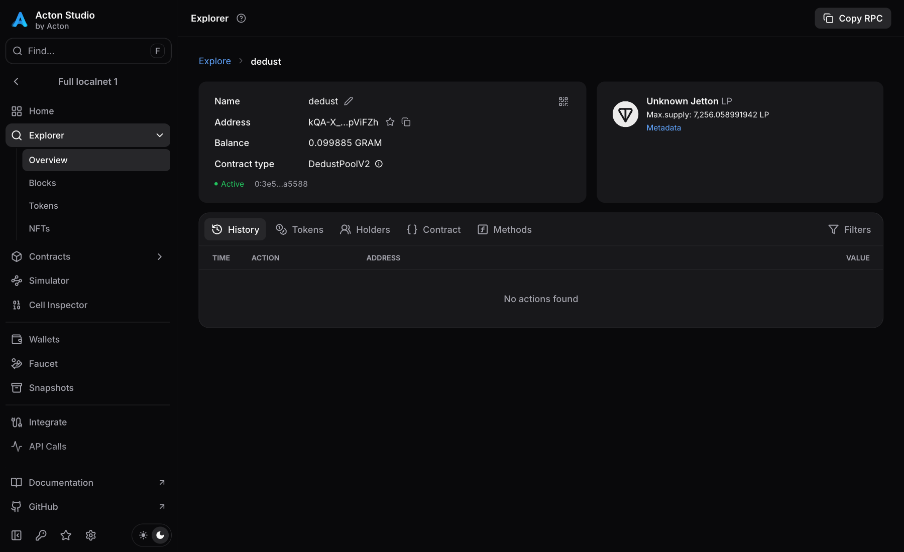 Explorer account page with a named contract, balance, detected type, and history tabs