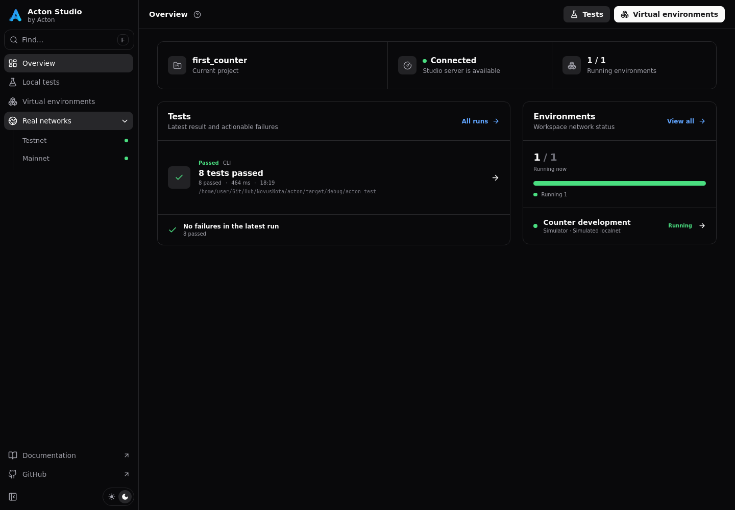 Studio overview with local tests, virtual environments, real networks, and test results from a counter template project