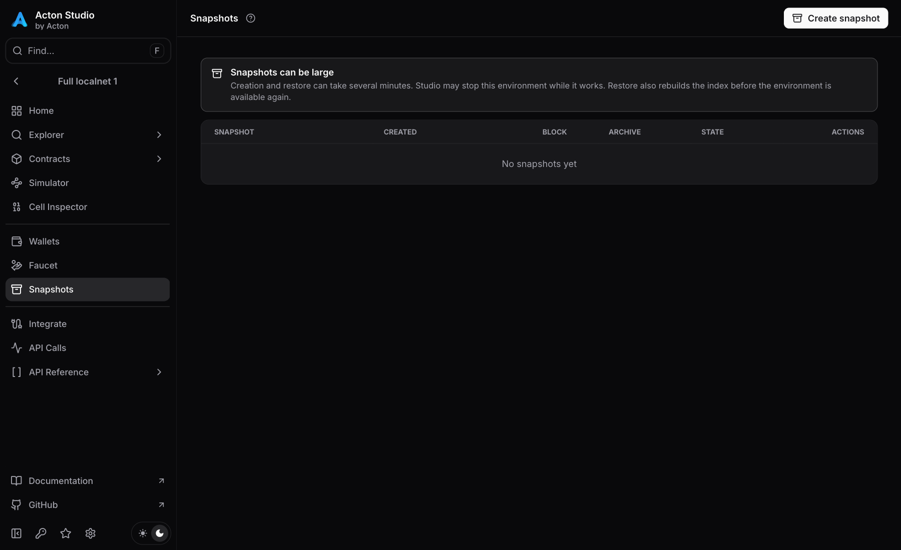 Localnet snapshots with block information and archive sizes