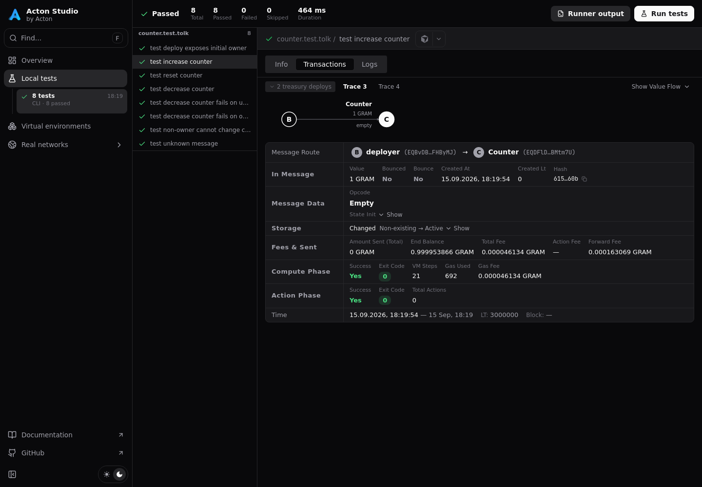 A counter test in Studio with test navigation, transaction details, and execution results