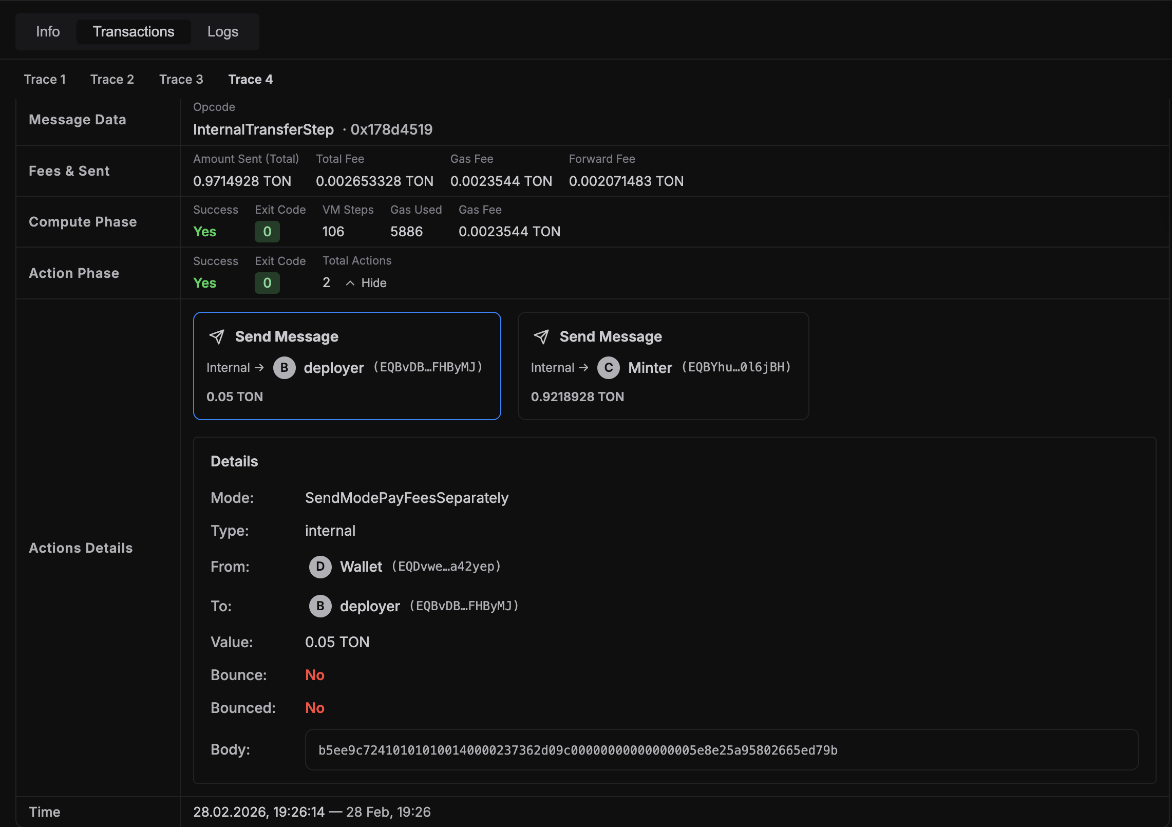 Actions panel showing out actions and expanded action details