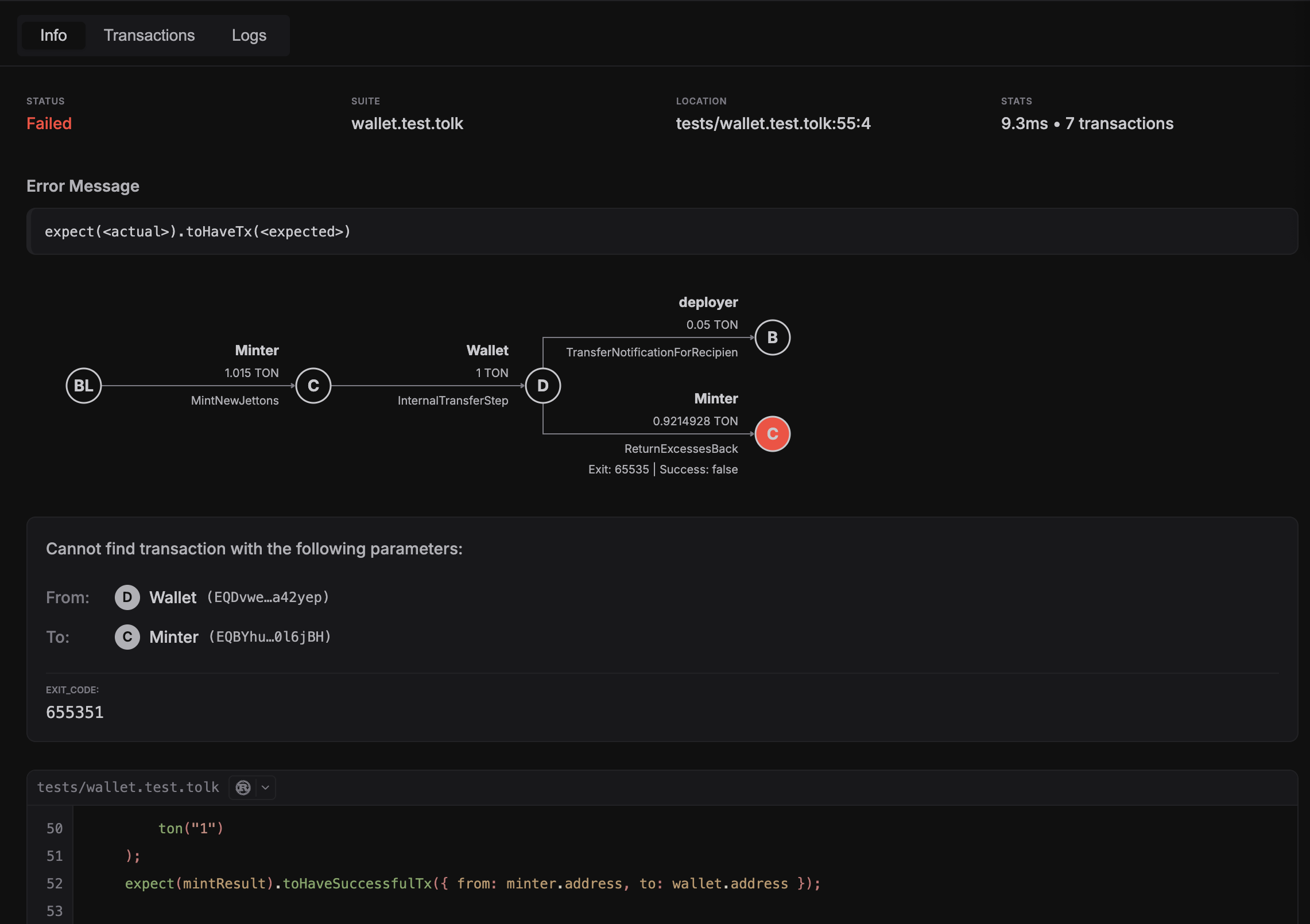 Failed test details with error block, mismatch context, and highlighted source snippet