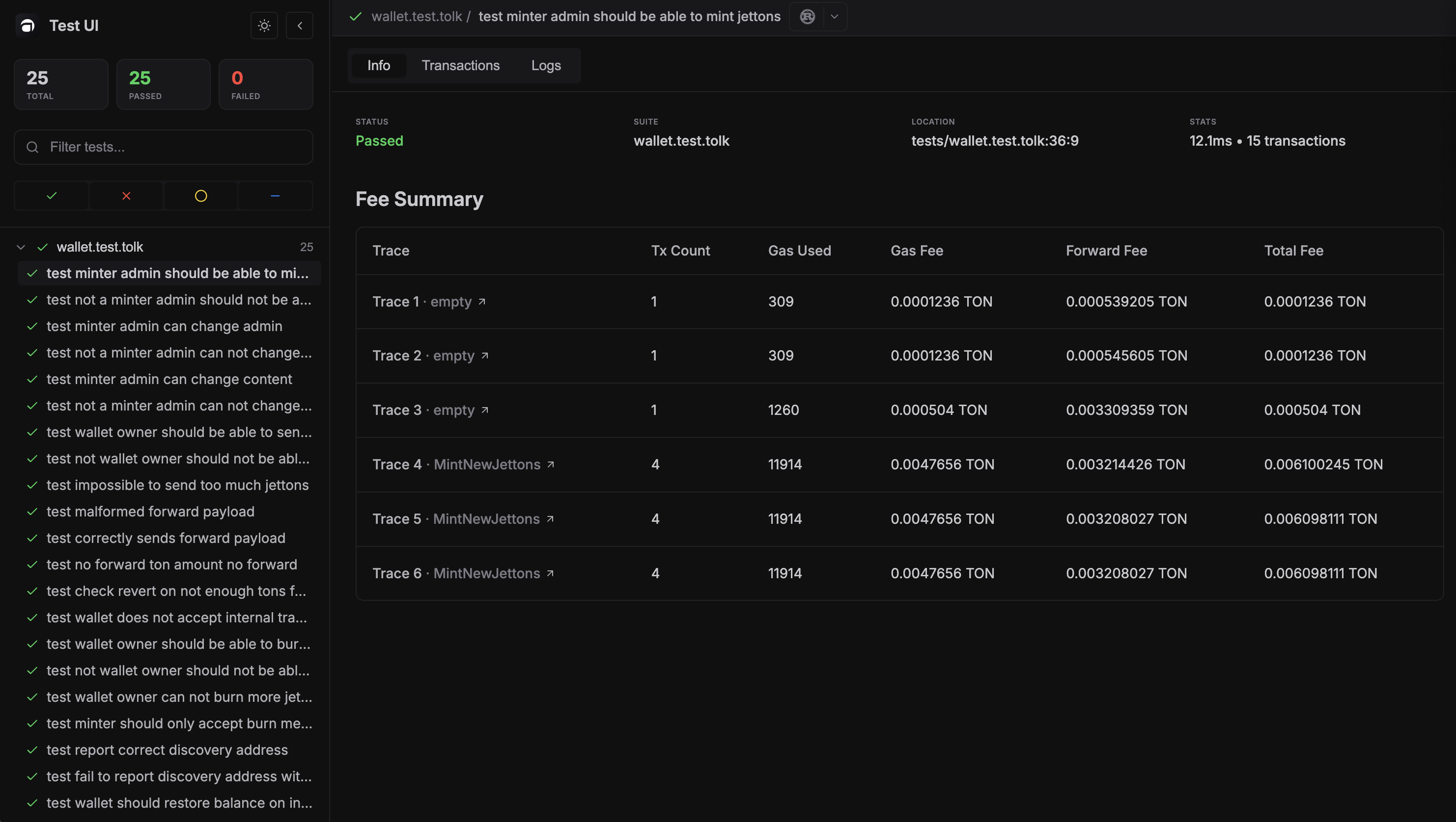 Test UI overview with test list sidebar, summary cards, and details pane