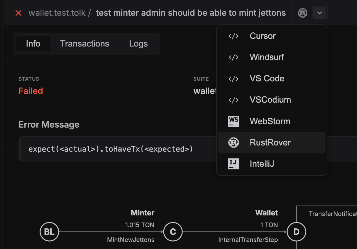 IDE selector dropdown in test header with quick-open action