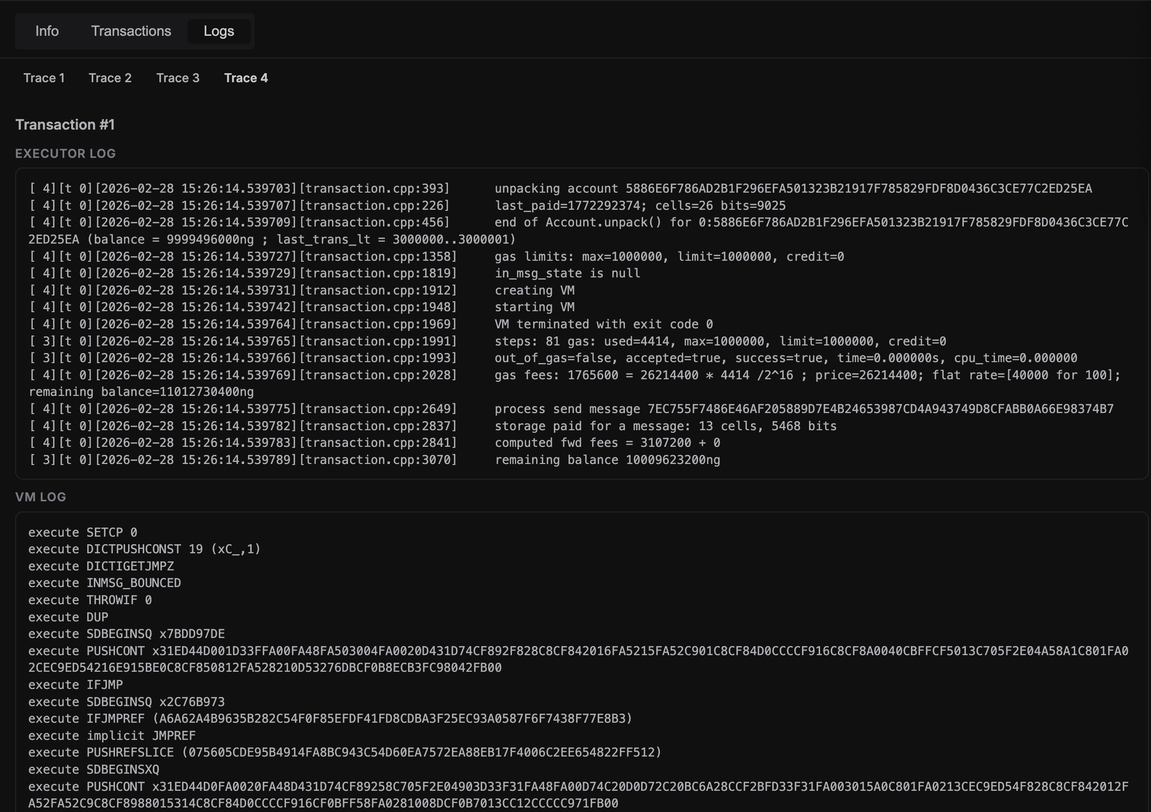 Logs tab with Executor Log and VM Log grouped by transaction