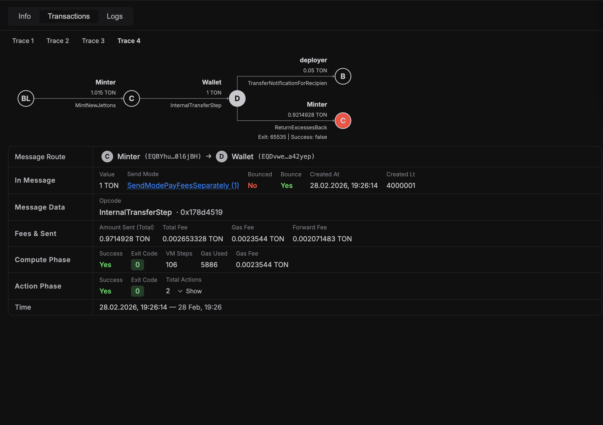 Transactions tab with trace tree and selected transaction details