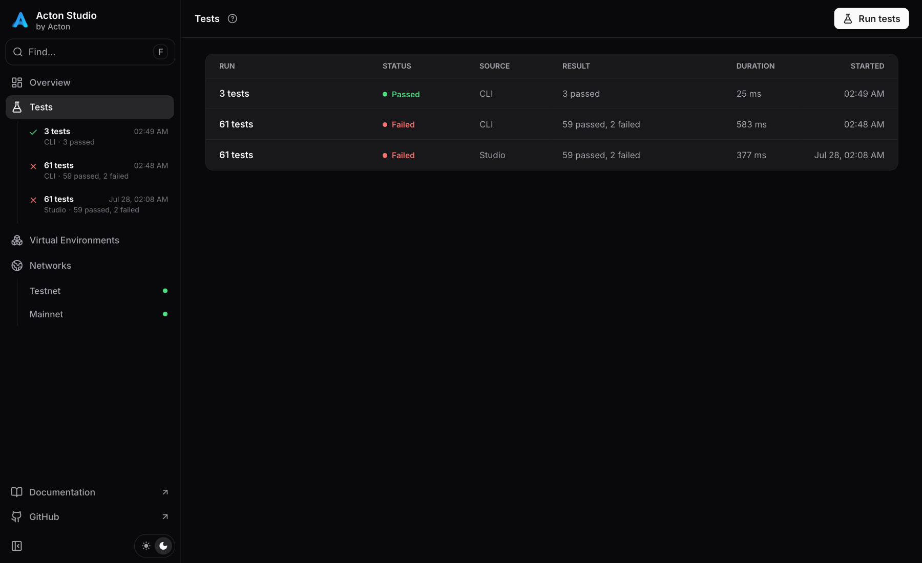 Studio test history with CLI and Studio runs, results, duration, and start time