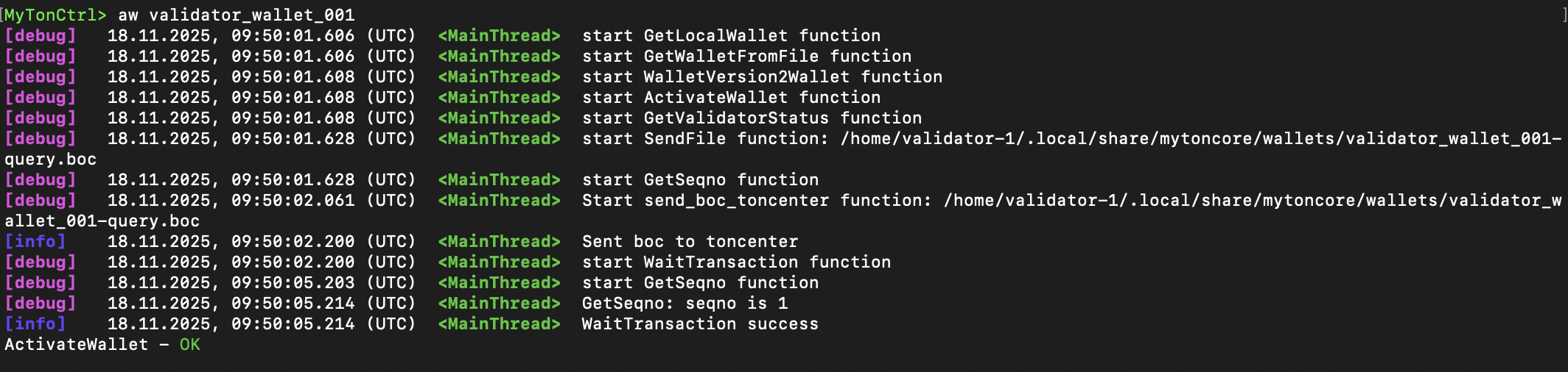 Activate validator wallet command result